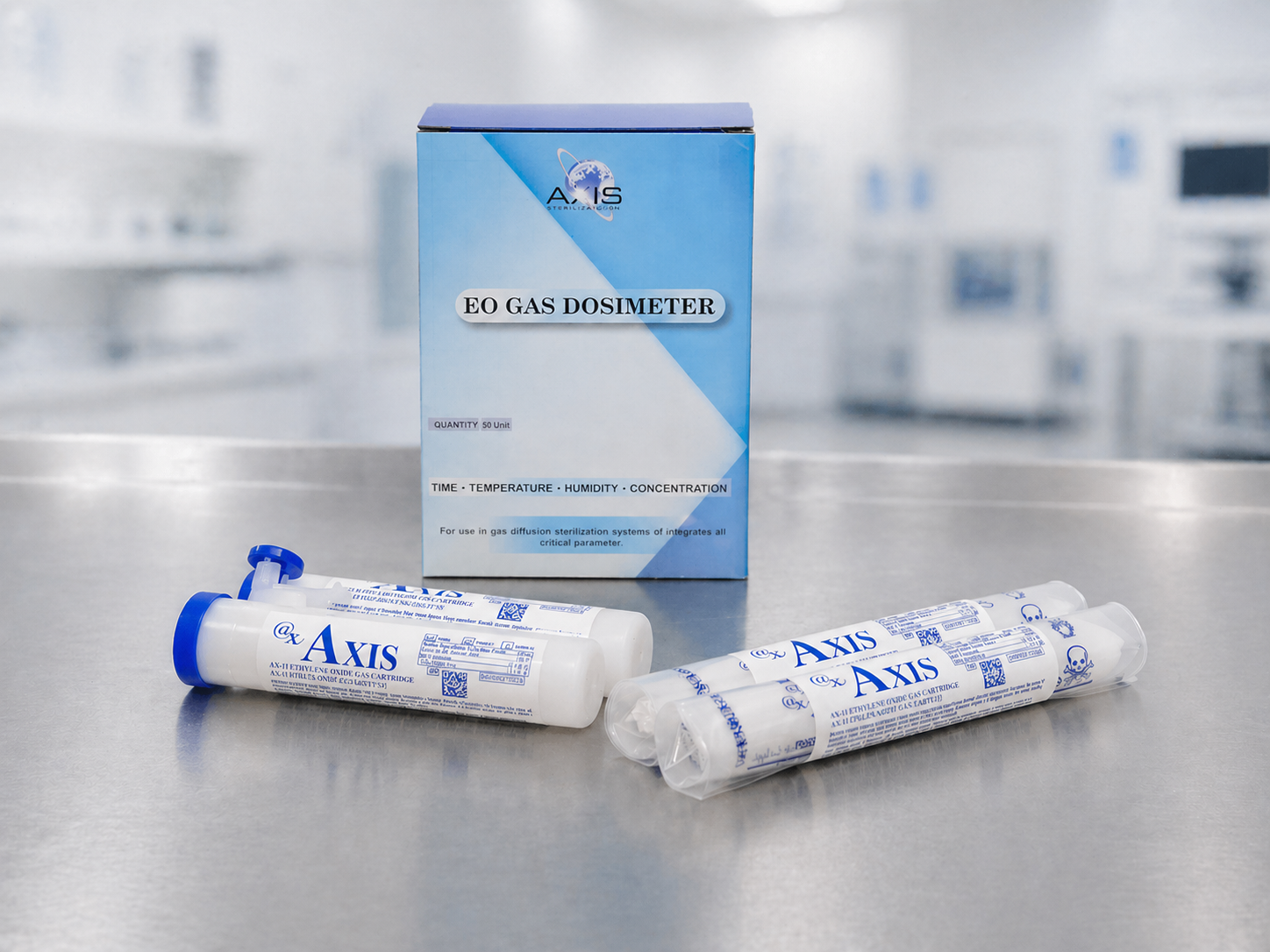 Axis EO gas dosimeter box with ethylene oxide cartridges on lab surface